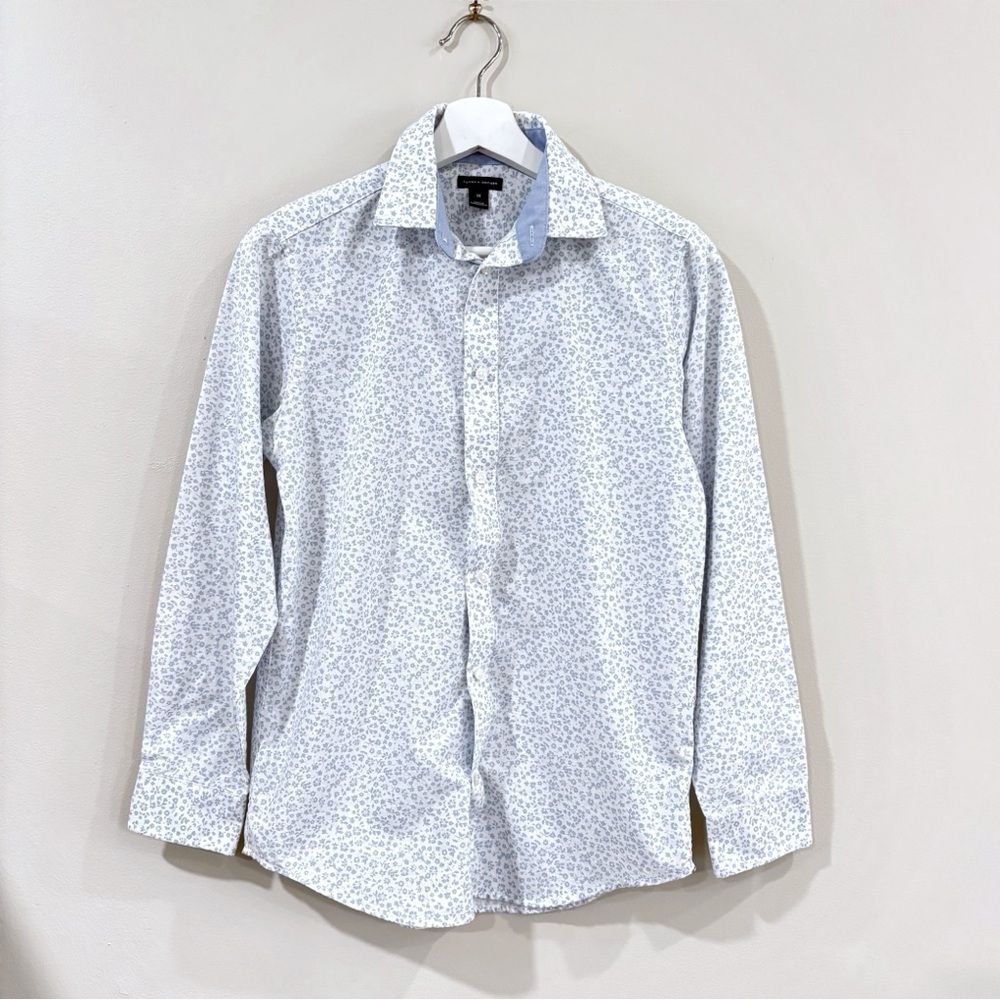 Tommy Hilfiger Boys 16 Button-Up Shirt Blue Floral Print Cotton Blend Long Sleev
